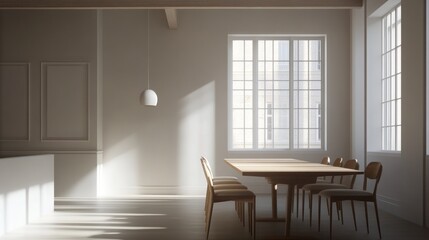 A minimalist dining area with natural light highlighting a wooden table and chairs.