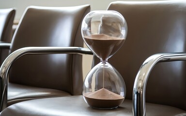 Hourglass on chair seat in waiting room. Long queue concept