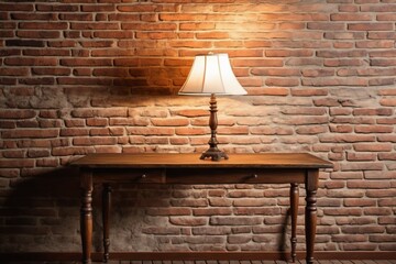 An old-fashioned lamp on vintage table over the wall in an empty room featuring wooden furniture