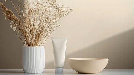minimalistic arrangement featuring a cosmetic tube and bowl