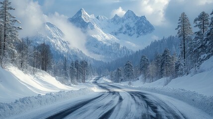 Snow-covered road winding through majestic mountains and forests.