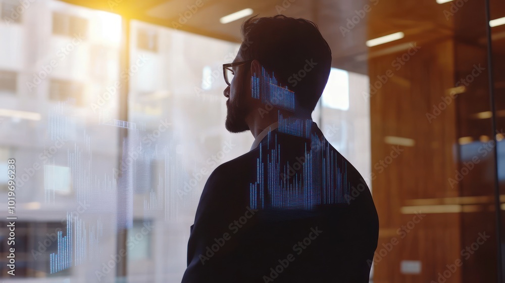 Aufkleber a man gazes out of an office window, reflecting on data visualizations in a modern workspace.