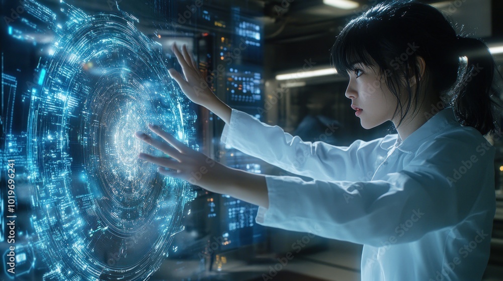 Poster a scientist interacts with a holographic interface displaying a galaxy.