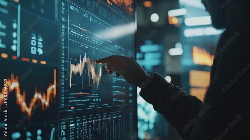 Poster a person interacting with a digital display showing data analytics and stock trends.