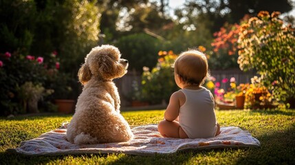 A serene moment shared between a baby and a dog in a sunlit garden.