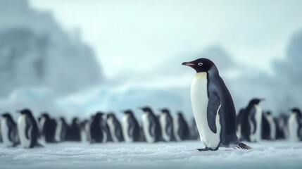 Fototapeta premium Group of king penguins coming back together from sea to beach with waves in the background