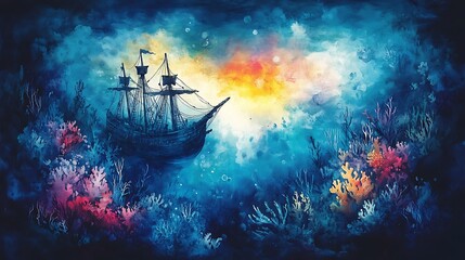 Fototapeta premium Underwater Watercolor Scene with Ship and Coral