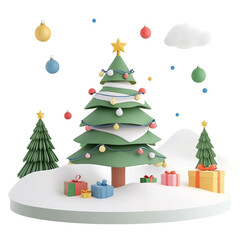 Obraz premium Colorful Cartoon Style Christmas Tree with Ornaments for Holiday Cheer
