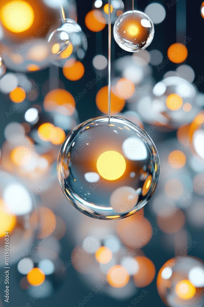 Poster captivating glass orbs suspended in a dreamy bokeh background create a stunning visual effect. perfe