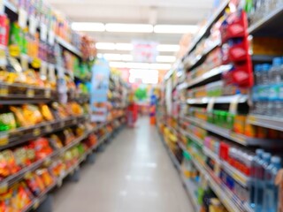 Blur image of supermarket shelves grocery store aisle as defocused abstract background with bokeh...