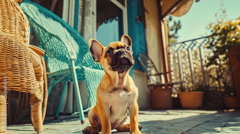 Poster A puppy sits on a patio, enjoying the sunny day and surrounding greenery.