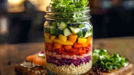 Closeup of a mason jar salad with layers of leafy greens, quinoa, and colorful vegetables, clean foods, onthego healthy meal