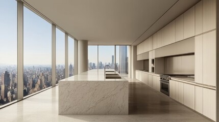Modern kitchen with panoramic city views, featuring sleek design and minimalist decor.
