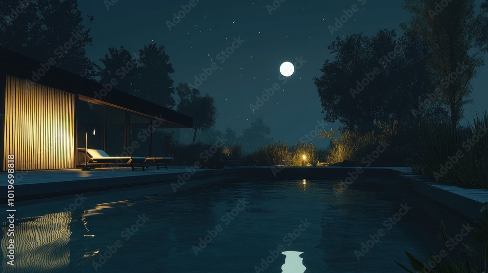 Poster A tranquil night scene featuring a modern house by a pool under a bright moon.