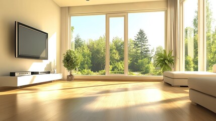 Bright and airy living room with large windows showcasing a natural landscape.