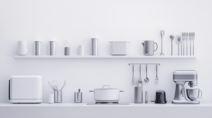 The utensils and cooking utensils hanging on the wall, all silver stainless steel, with a white background neatly arranged aesthetically