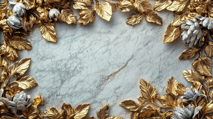 Golden Leaves and Flowers on Marble Background