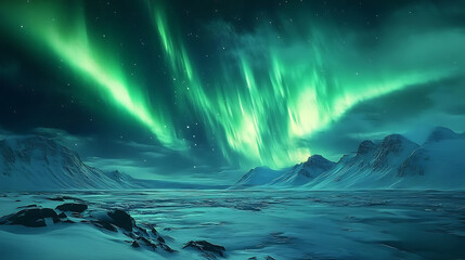Naklejka premium The majestic green aurora borealis illuminates a tranquil snowy landscape, casting a dreamlike glow over the icy terrain.
