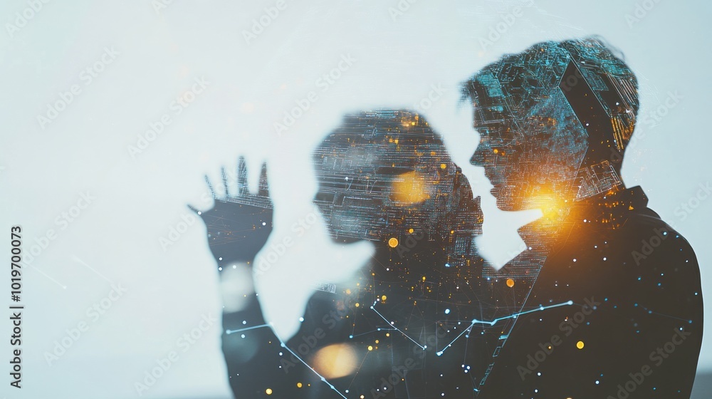 Poster a conceptual image illustrating human interaction with digital technology and data.