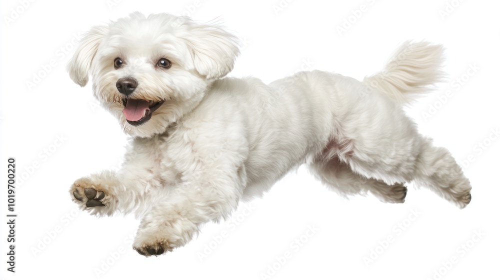 Canvas Prints A playful white dog joyfully leaps in mid-air, showcasing its energy and happiness.