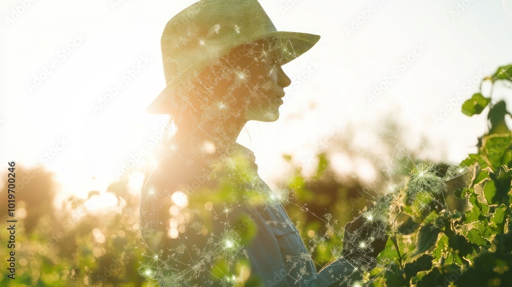 Poster A woman in a straw hat stands in a vineyard, illuminated by sunlight, surrounded by sparkling effects.