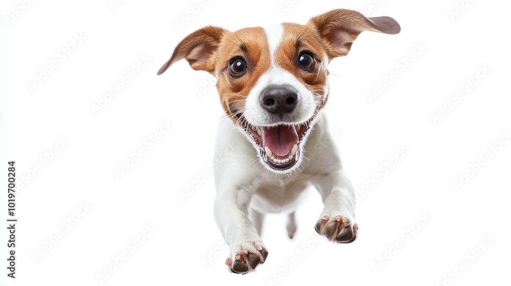 Poster A joyful dog leaping in mid-air, showcasing excitement and playfulness.