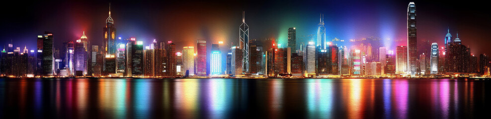 Obraz premium Neon Cityscape: A vibrant panorama of a modern city skyline at night, ablaze with colorful lights reflecting in the water. The image evokes a sense of urban energy, progress, and possibility.