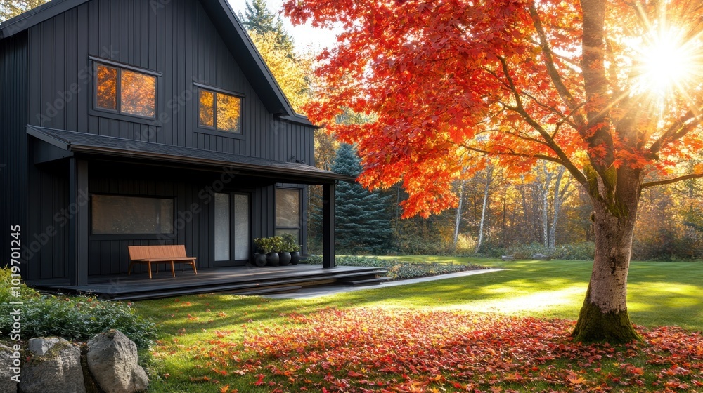 Canvas Prints A modern black house surrounded by vibrant autumn foliage and a sunlit garden.