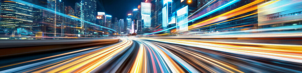 Obraz premium City Lights, Blurred Motion: A captivating long exposure shot of a city's vibrant street at night, showcasing a mesmerizing blur of light trails as vehicles speed by.