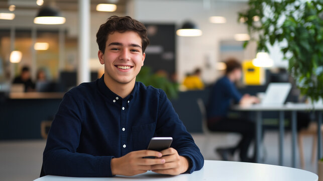 20s Hispanic young man, intern, using a mobile phone at work, sitting at a desk and looking at the camera with a positive attitude, wearing a blue shirt. 