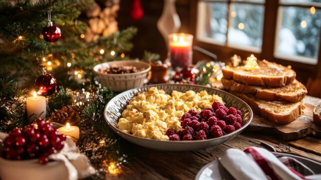 Festive Christmas Brunch Spread with Scrambled Eggs, French Toast, and Berries in a Cozy Holiday Cabin Setting - Powered by Adobe
