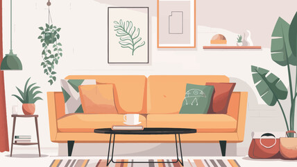 Living room interior with sofa, coffee table and plants. Flat vector illustration