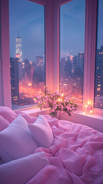 Fototapeta Modern style luxury pink master bedroom with blurry city view in the night background