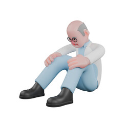 Professional Male in 3D. A male scientist is sitting without a mat with both hands holding his knees. Cartoon Illustration