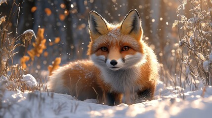 Fototapeta premium A fox in a snowy landscape, illuminated by soft sunlight.