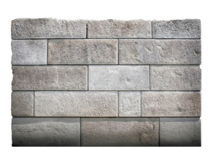 Concrete wall made of textured stone blocks, isolated background.