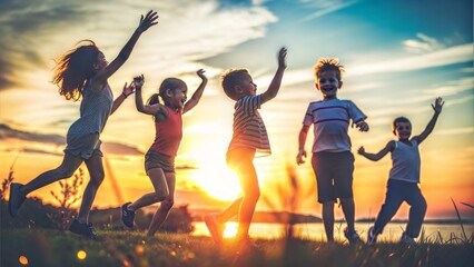Fototapeta premium Silhouette of Children Playing During a Happy Summer Sunset