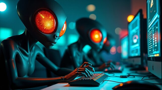 Extraterrestrials With Luminous Eyes Engaging In Advanced Technology At Computer Workstation