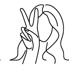 Single line vector drawing of a female figure in an abstract and minimalistic style, with her hand raised up with two fingers as a peace sign