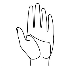 Obraz premium Linear vector outline drawing of the left hand with the palm facing forward and fingers extended upward, symbolizing the gesture of greeting or stopping.