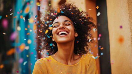 Young woman laughing while throwing confetti in the air, colorful backdrop that highlights happiness and celebration Generative AI