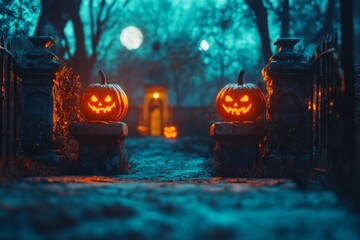 Obraz premium Halloween Jack-O'-Lanterns on a Misty Path