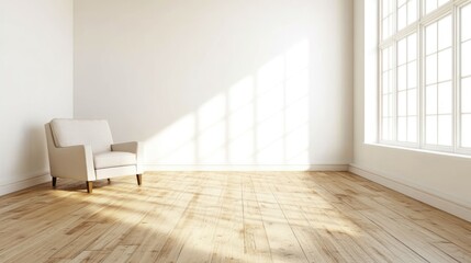 A bright, minimalist room featuring a single chair and large windows.
