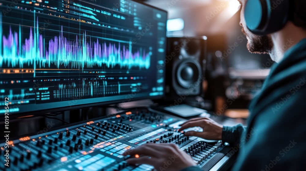 Poster a person working on audio editing with software and equipment in a studio setting.