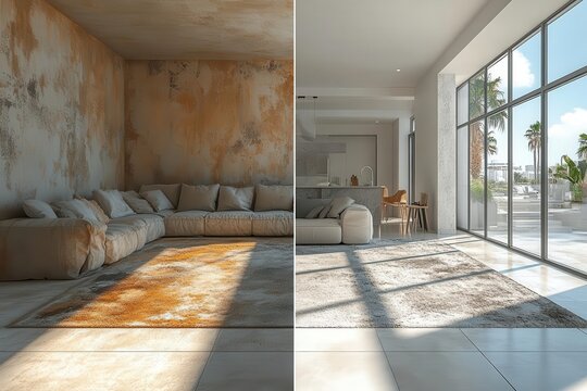 splitscreen comparison of dated vs modern interior renovation left worn dark space right bright airy room with sleek furnishings and large windows