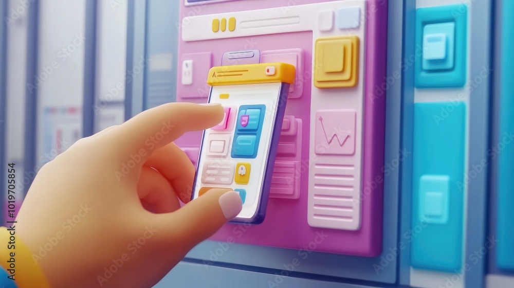 Poster cartoon hand in 3d developing a mobile app, working on colorful interface elements for a modern, int