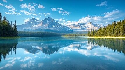 lake reflecting the surrounding snow-capped peaks and evergreen trees, with a vibrant blue sky and soft white clouds in the background 