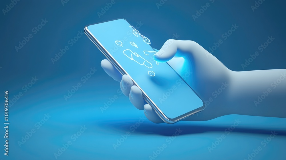 Poster cartoon hand in 3d working on app development, dragging ui elements on a smartphone screen, symboliz