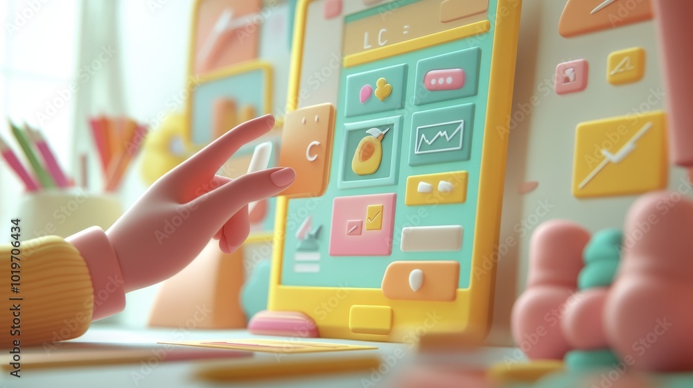 Poster cartoon hand in 3d developing a mobile app, working on colorful interface elements for a modern, int