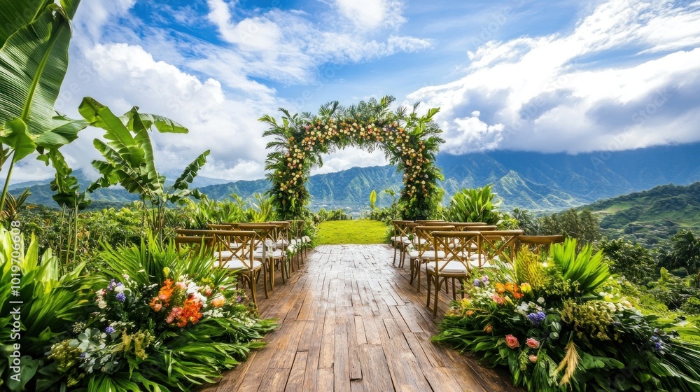 Poster A scenic outdoor wedding setup with floral decor and mountains in the background.